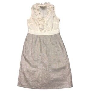Ann Taylor LOFT Dress Women's Size 2 Ruffle Linen Career Lace Metallic Beige